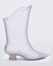 Side view of a pair of transparent glass looking Melissa Court Boots with a short heel, heart detail on the front and a checkered pattern texture.