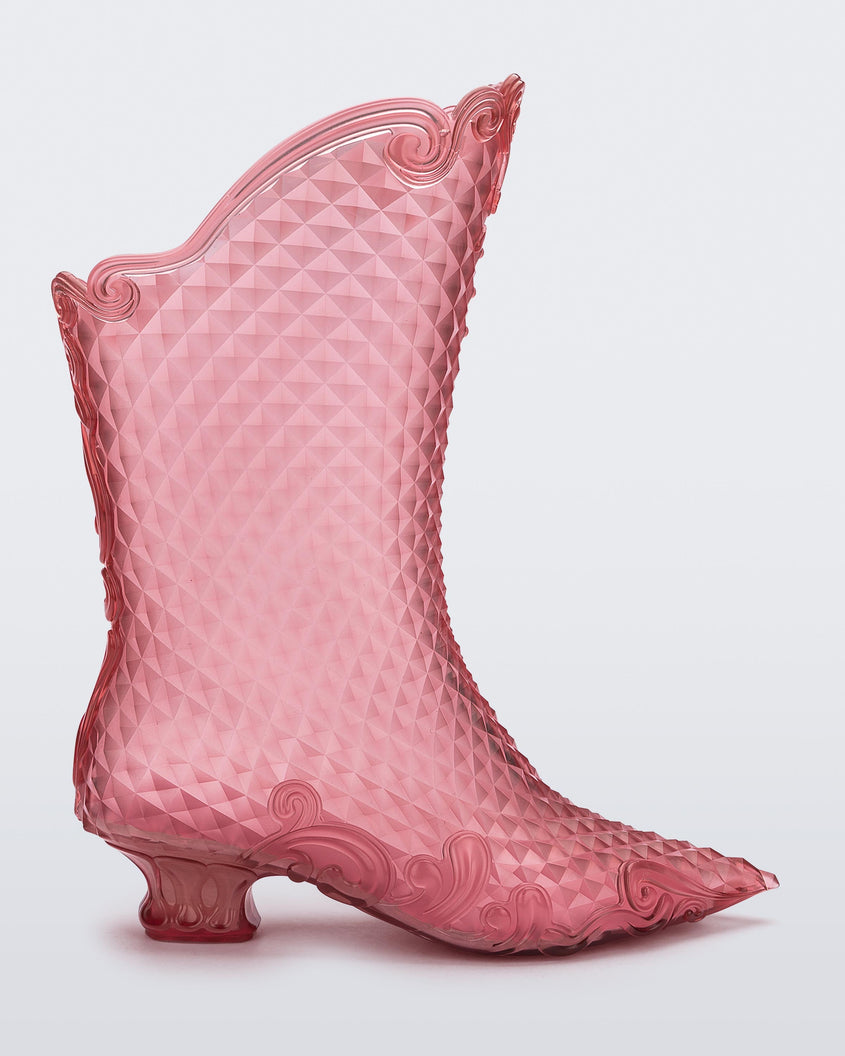 Side view of a clear pink Melissa Court Boots with a short heel, heart detail on the front and a checkered pattern texture.