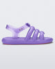 Side view of a lilac Melissa Freesherman sandal with lilac and clear straps.