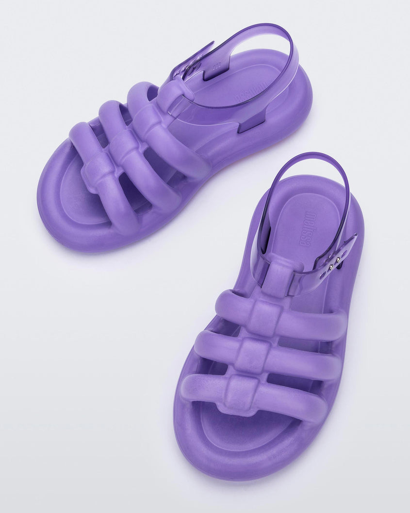 Top view of a pair of lilac Melissa Freesherman sandals with purple and clear straps.