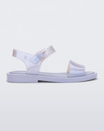 Side view of a lilack/blue pearl Melissa Mar sandal with two straps.