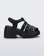 Side view of a black Melissa Megan platform heel sandal.