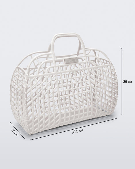 Angled view of a white Refraction bag with handles with dimensions 40cm x 15cm x 28cm