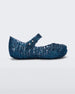 Inside view of Mini Melissa Campana blue glitter flats with a snap strap for baby with an open woven texture