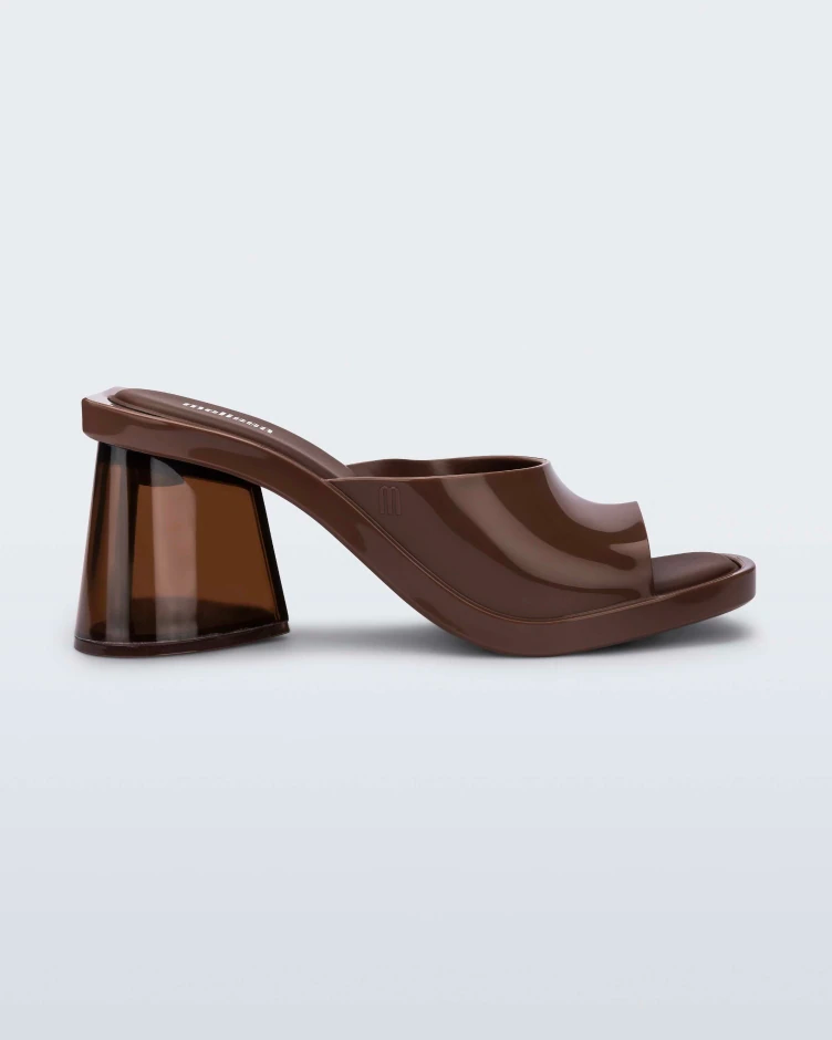 Side view of a brown Candy heel sandal