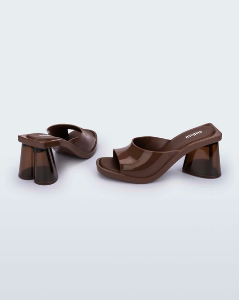 Back and side view of a pair of brown Candy heels
