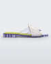 Side view of a white/clear/yellow Melissa Brigitte slide with a white weft designed upper strap, clear lower strap and yellow insole.
