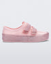 Side view of a Pink/Pink Glitter Mini Melissa Beanny Bugs sneaker with a pink base, two shiny pink velcro straps and a pink glitter sole.