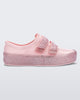 Side view of a Pink/Pink Glitter Mini Melissa Beanny Bugs sneaker with a pink base, two shiny pink velcro straps and a pink glitter sole.