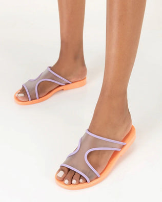 Product element, title Bikini Slide in Orange/Lilac
 price $22.00