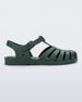 Side view of a dark green Melissa Possession sandal with several straps and a closed toe front.