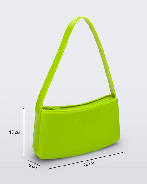 Angled view of a neon green Melissa Baguete handbag with size dimensions included.
