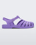 Side view of a lilac Melissa Possession sandal with several straps and a closed toe front.