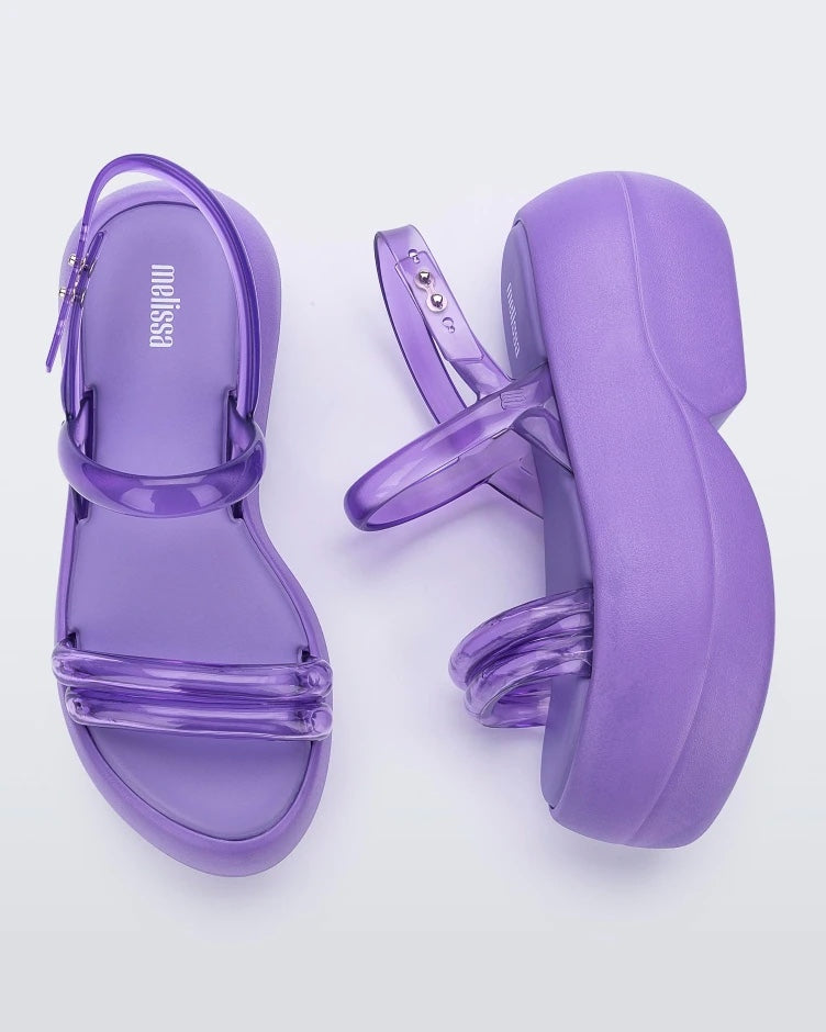 Top and side view of a pair of lilac Melissa Airbubble Platform sandals.