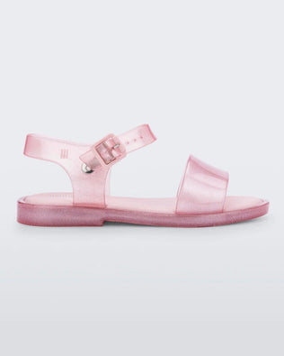 Side view of a pink glitter Mini Melissa Mar Sandal.