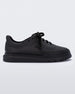 Side view of a matte black Melissa Classic sneaker with a black base, laces, sole and a melissa logo on the side.