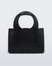 Front view of a black Melissa Essential Tropicana bag with a circular handle that has the word melissa on it.