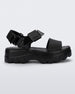 Side view of a black Melissa platform Kick Off sandal with two straps.