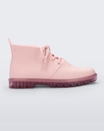 Side view of a pink Melissa Fluffy Boot with laces and a rubber sole.